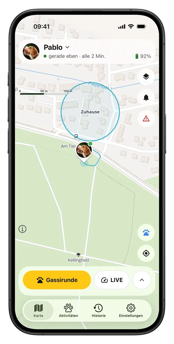 LocoGPS Karte, Pablo hat den Geozaun „Zuhause“ verlassen