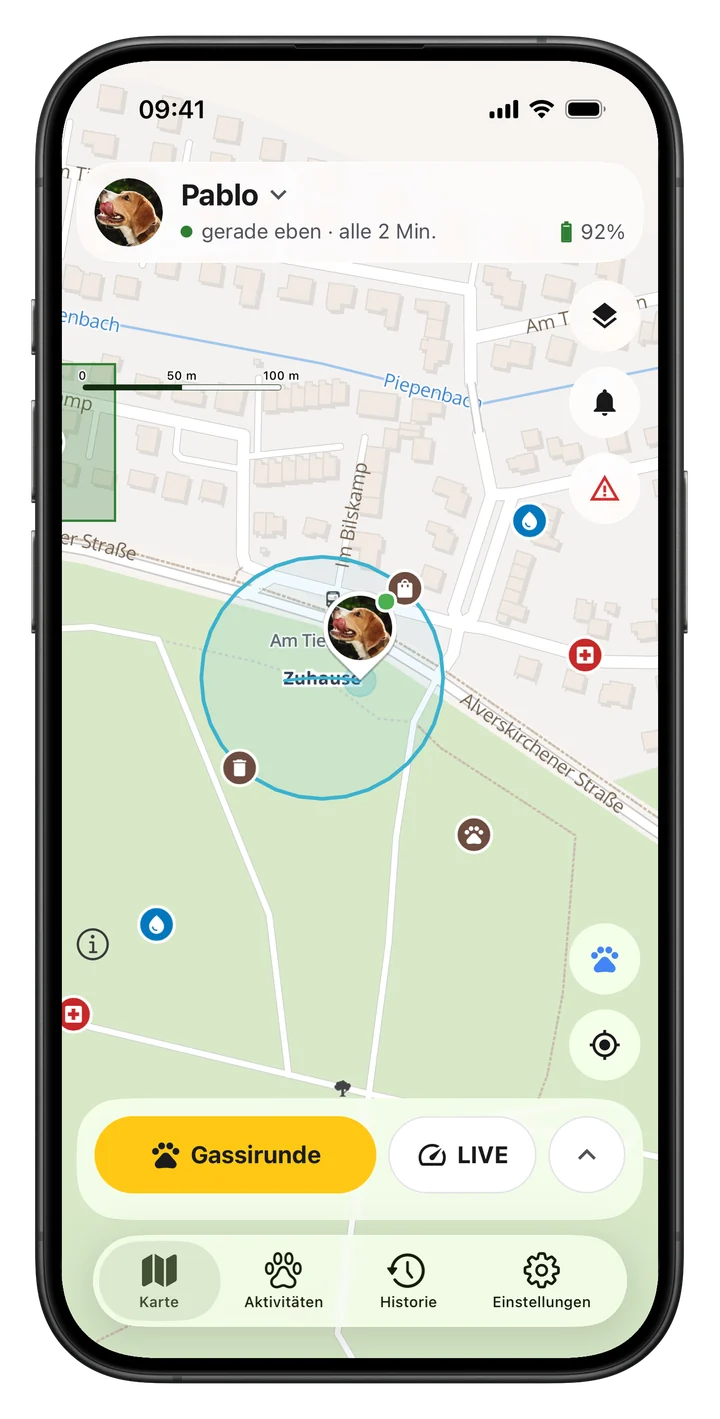 LocoGPS Hundekarte mit Kotbeuteln, Hundewiesen, Trinkwasser und Tierärzten